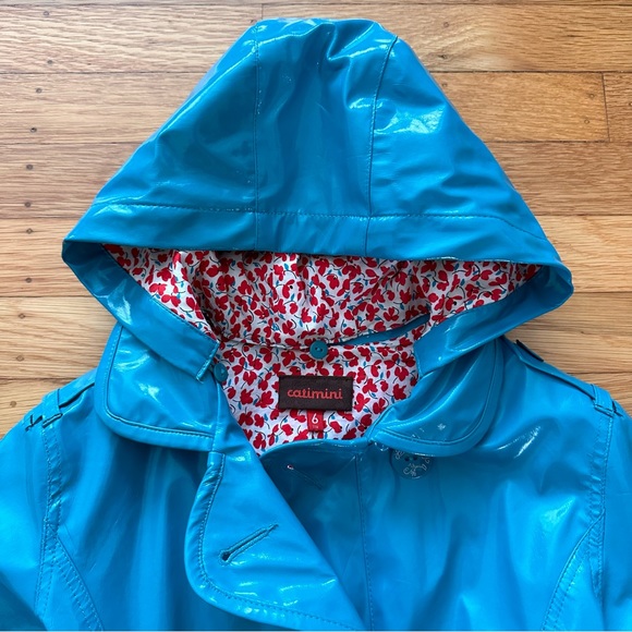 Catimini Girl's Belted Trenchcoat-Style Raincoat in Turquoise Size 6 - Picture 5 of 13
